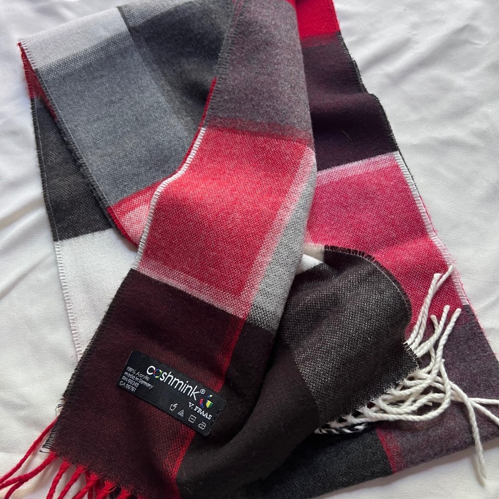 V. Fraas Cashmink Scarf Red Black Grey White Plaid Fringed Made in Germany EUC